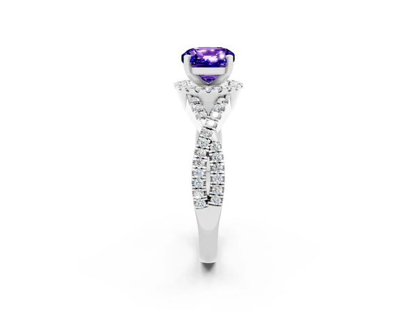 Silver Cushion Cut Tanzanite  Halo Twist Band Solitaire Prong Setting Ring