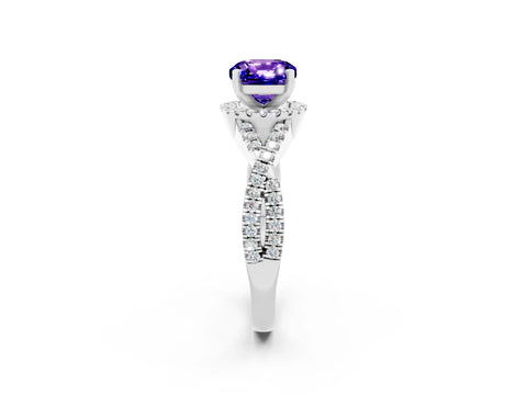 White gold Cushion Cut Tanzanite Halo Twist Band Solitaire Prong Setting Ring_2