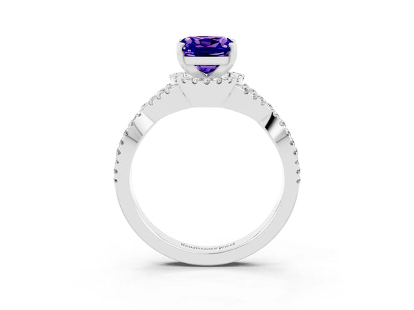 Platinum Cushion Cut Tanzanite  Halo Twist Band Solitaire Prong Setting Ring