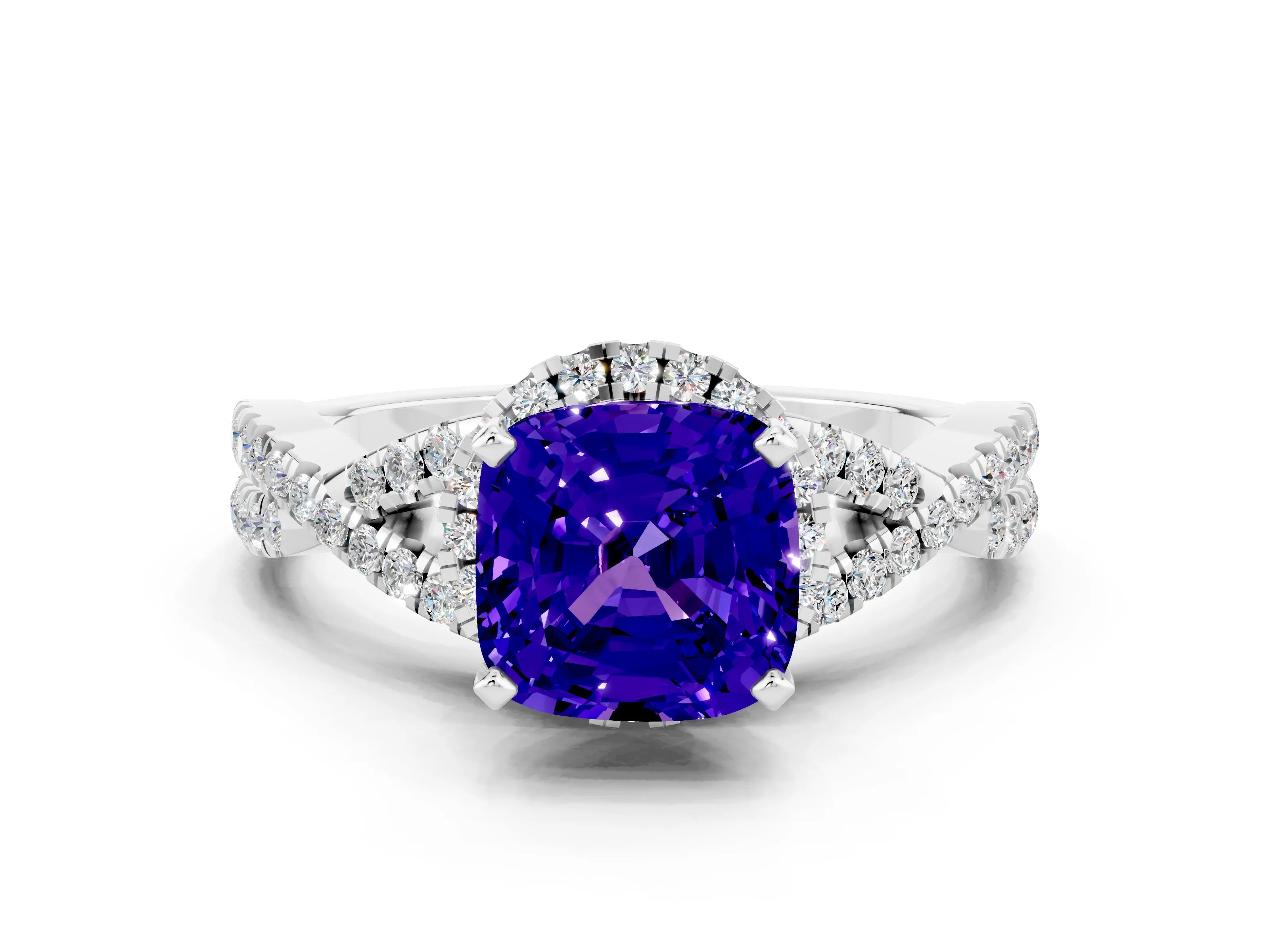 White gold Cushion Cut Tanzanite Halo Twist Band Solitaire Prong Setting Ring