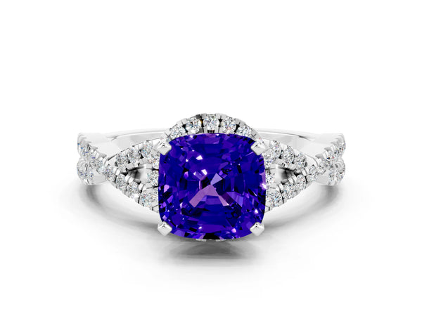 White gold Cushion Cut Tanzanite  Halo Twist Band Solitaire Prong Setting Ring