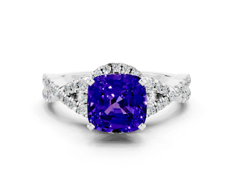 White gold Cushion Cut Tanzanite Halo Twist Band Solitaire Prong Setting Ring