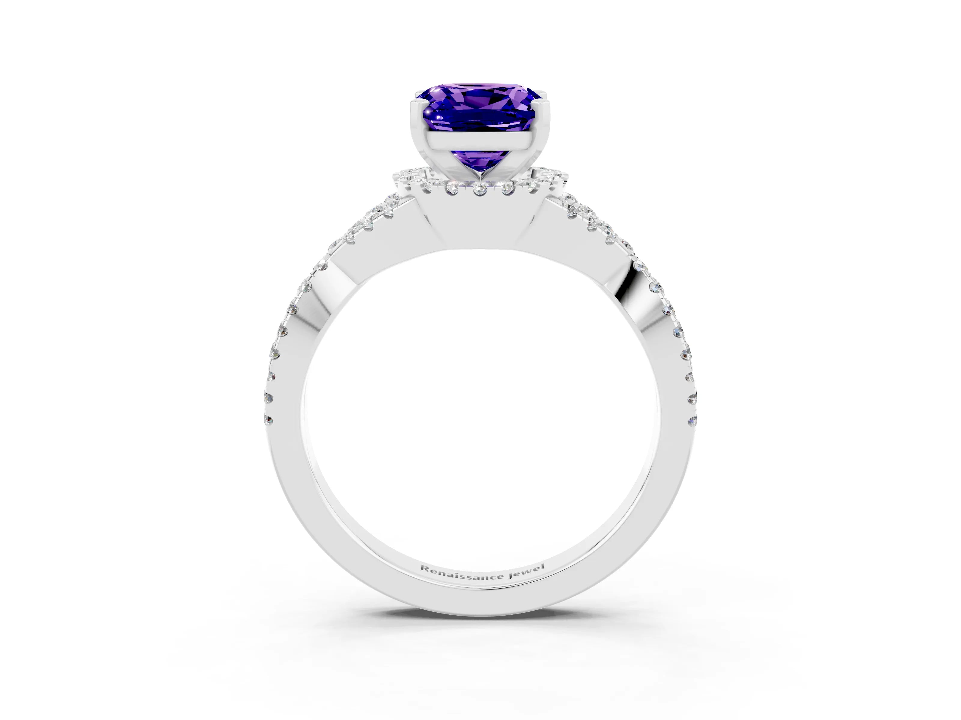 White gold Cushion Cut Tanzanite Halo Twist Band Solitaire Prong Setting Ring_3