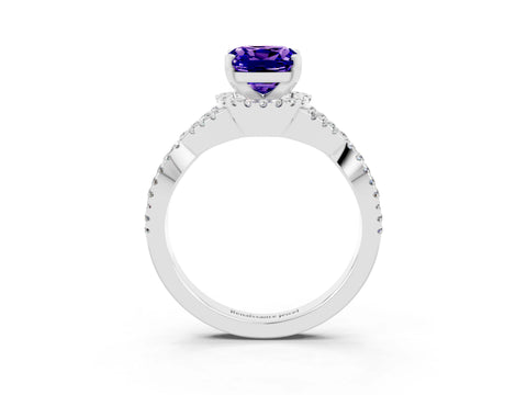 White gold Cushion Cut Tanzanite Halo Twist Band Solitaire Prong Setting Ring_3