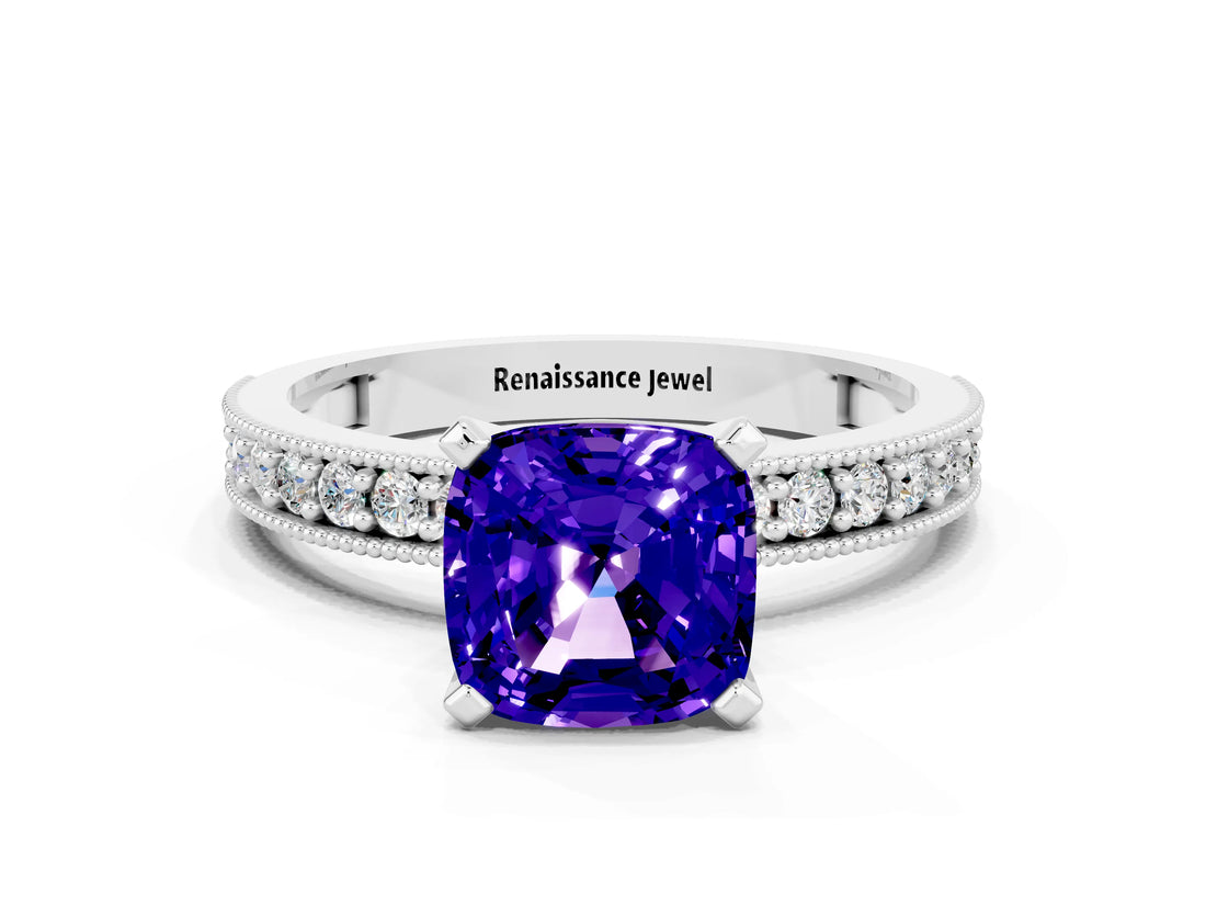 White gold Cushion Cut Tanzanite Milgrain Pavé Engagement Ring with Four-Prong Setting_12
