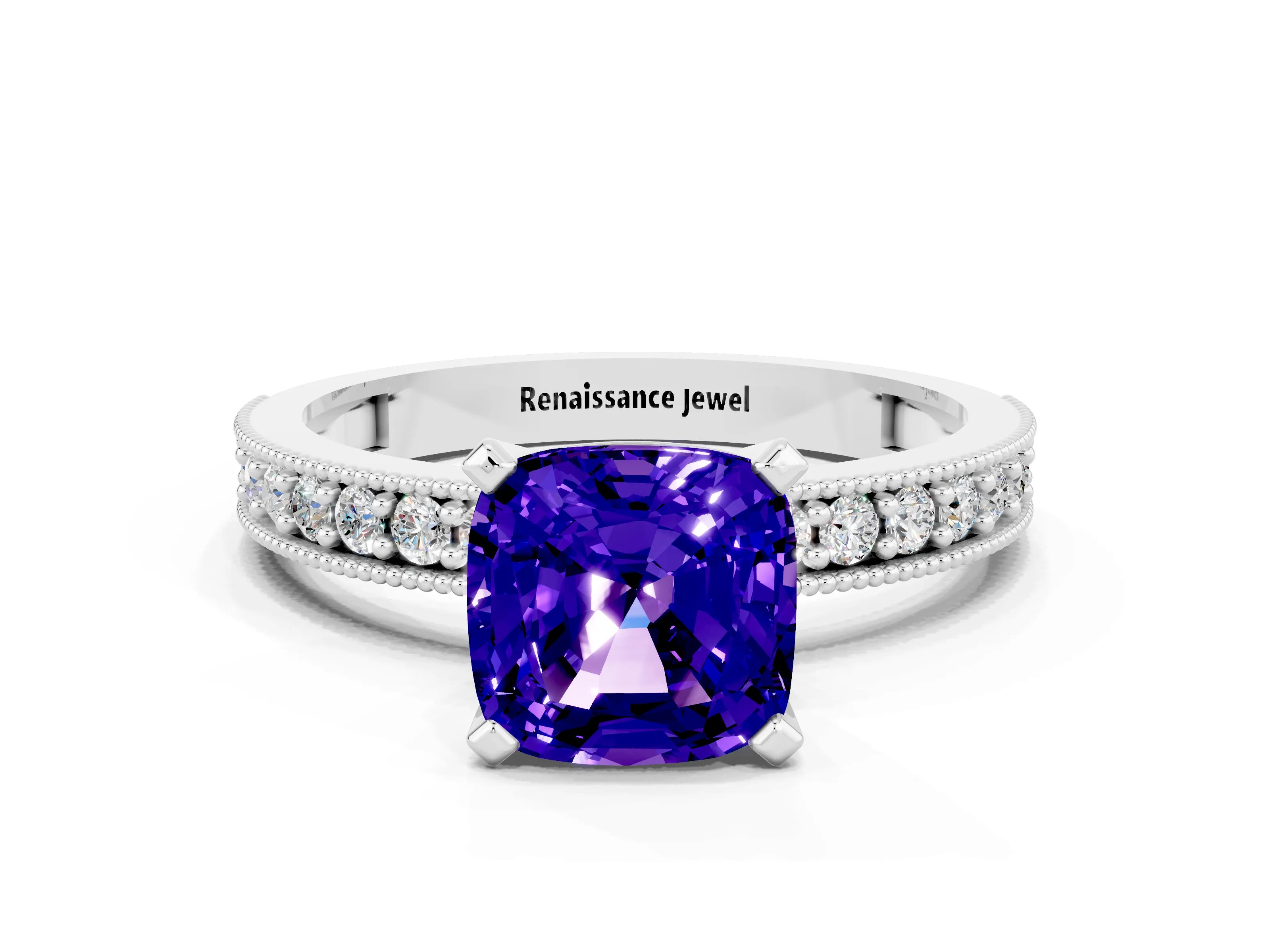 White gold Cushion Cut Tanzanite Milgrain Pavé Engagement Ring with Four-Prong Setting_12