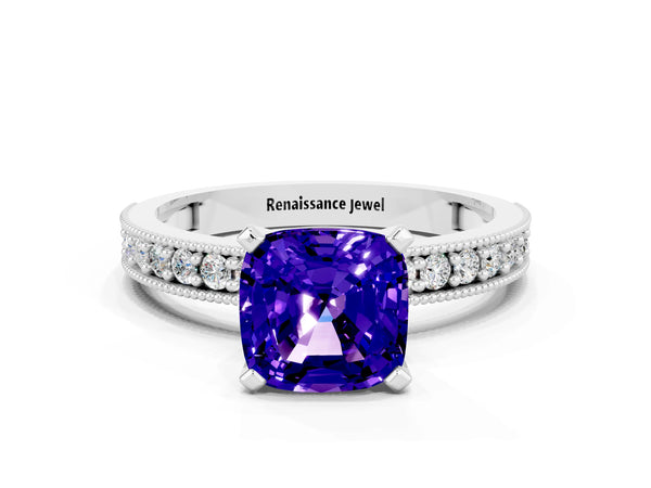 White gold Cushion Cut Tanzanite Milgrain Pavé Engagement Ring with Four-Prong Setting