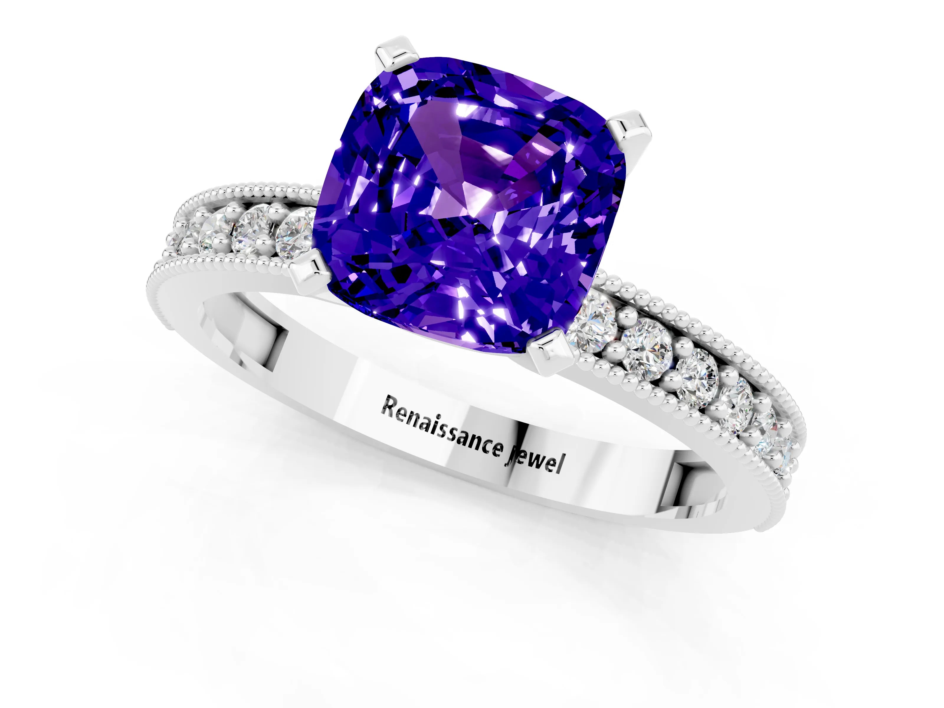 White gold Cushion Cut Tanzanite Milgrain Pavé Engagement Ring with Four-Prong Setting_13