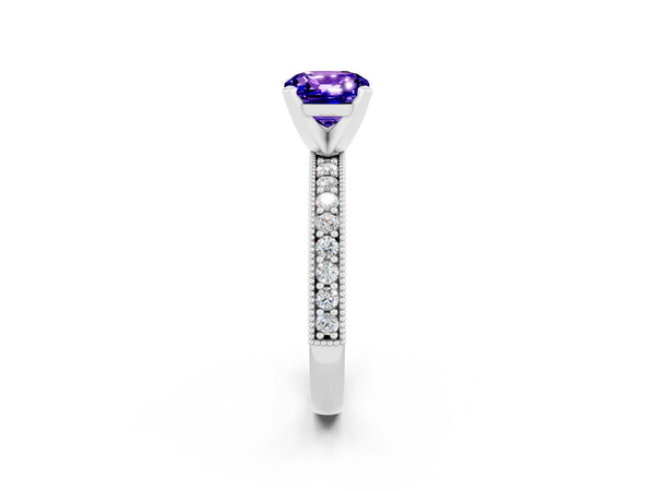 Platinum Cushion Cut Tanzanite Milgrain Pavé Engagement Ring with Four-Prong Setting