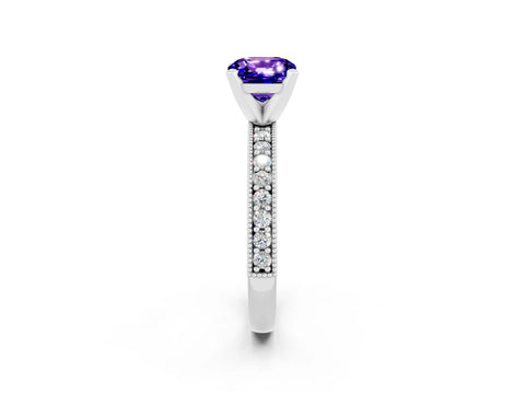 White gold Cushion Cut Tanzanite Milgrain Pavé Engagement Ring with Four-Prong Setting_14