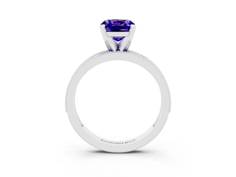 White gold Cushion Cut Tanzanite Milgrain Pavé Engagement Ring with Four-Prong Setting_15