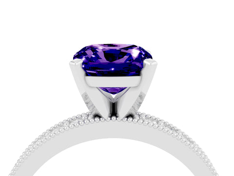 White gold Cushion Cut Tanzanite Milgrain Pavé Engagement Ring with Four-Prong Setting_16