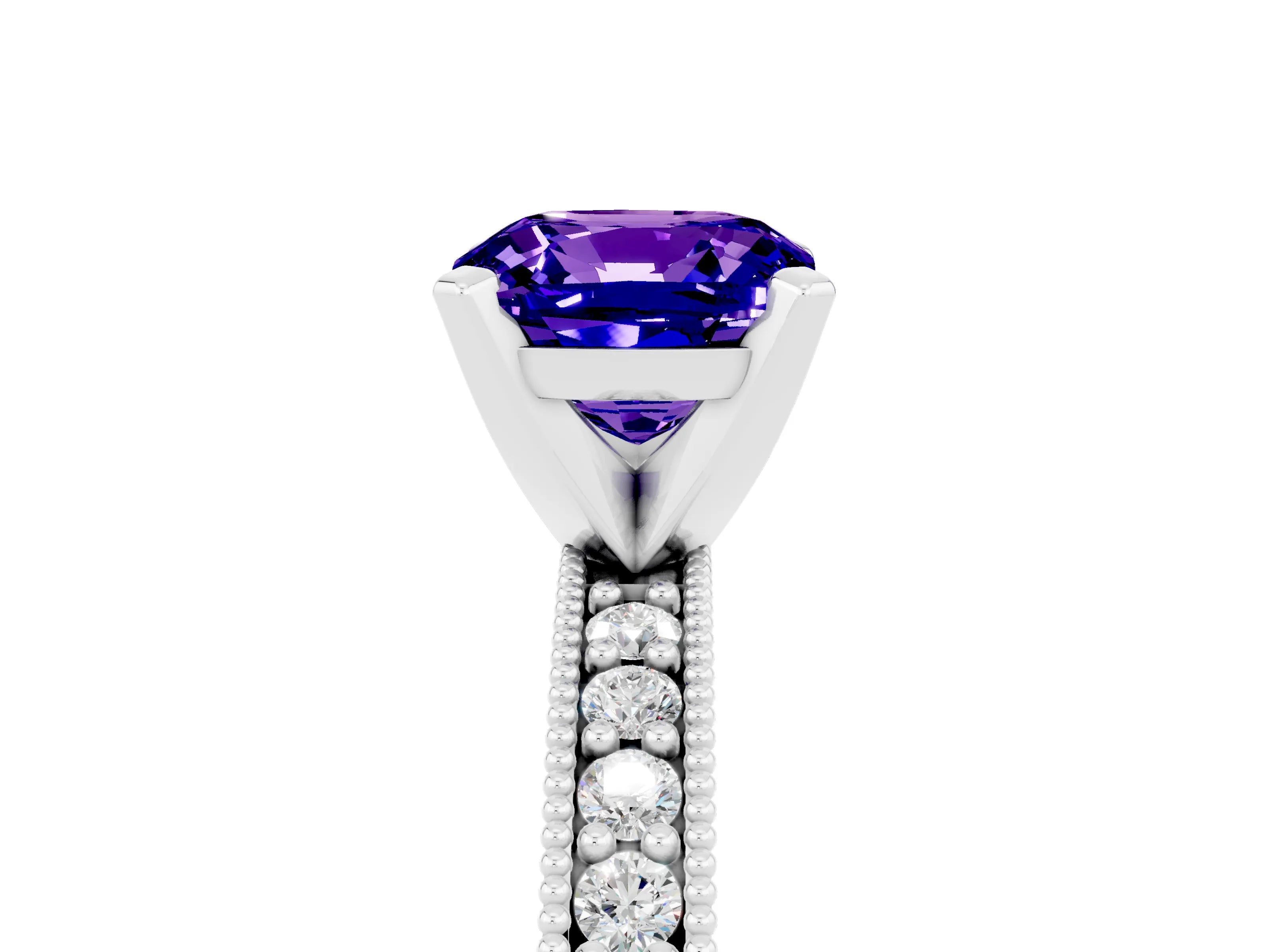 White gold Cushion Cut Tanzanite Milgrain Pavé Engagement Ring with Four-Prong Setting_17