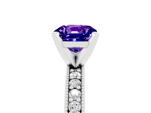 White gold Cushion Cut Tanzanite Milgrain Pavé Engagement Ring with Four-Prong Setting_17