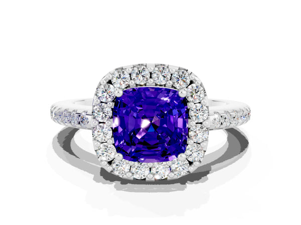 Platinum Cushion Cut Tanzanite Pavé Halo Ring with Four-Prong Setting