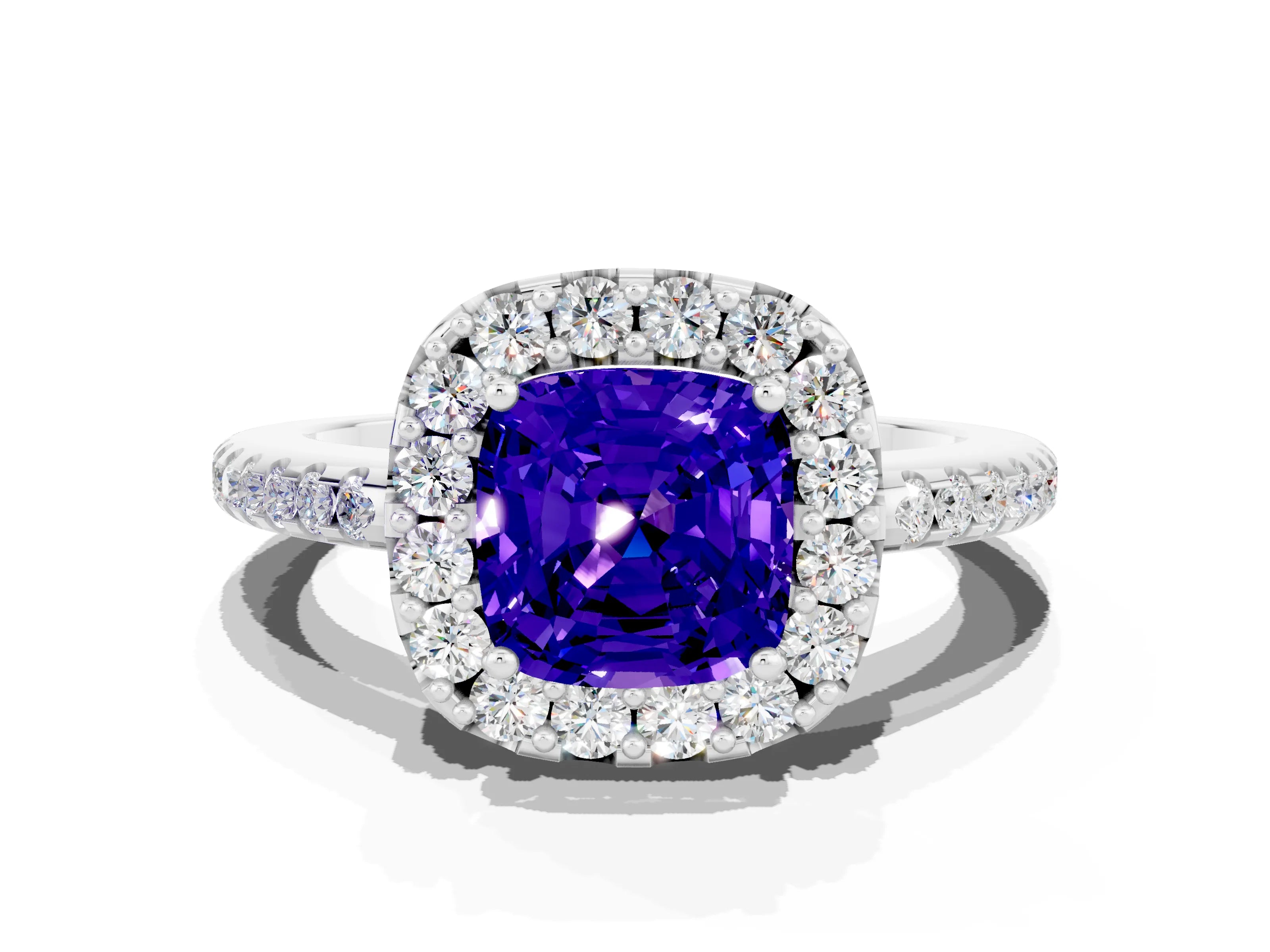 White gold Cushion Cut Tanzanite Pavé Halo Ring with Four-Prong Setting_12