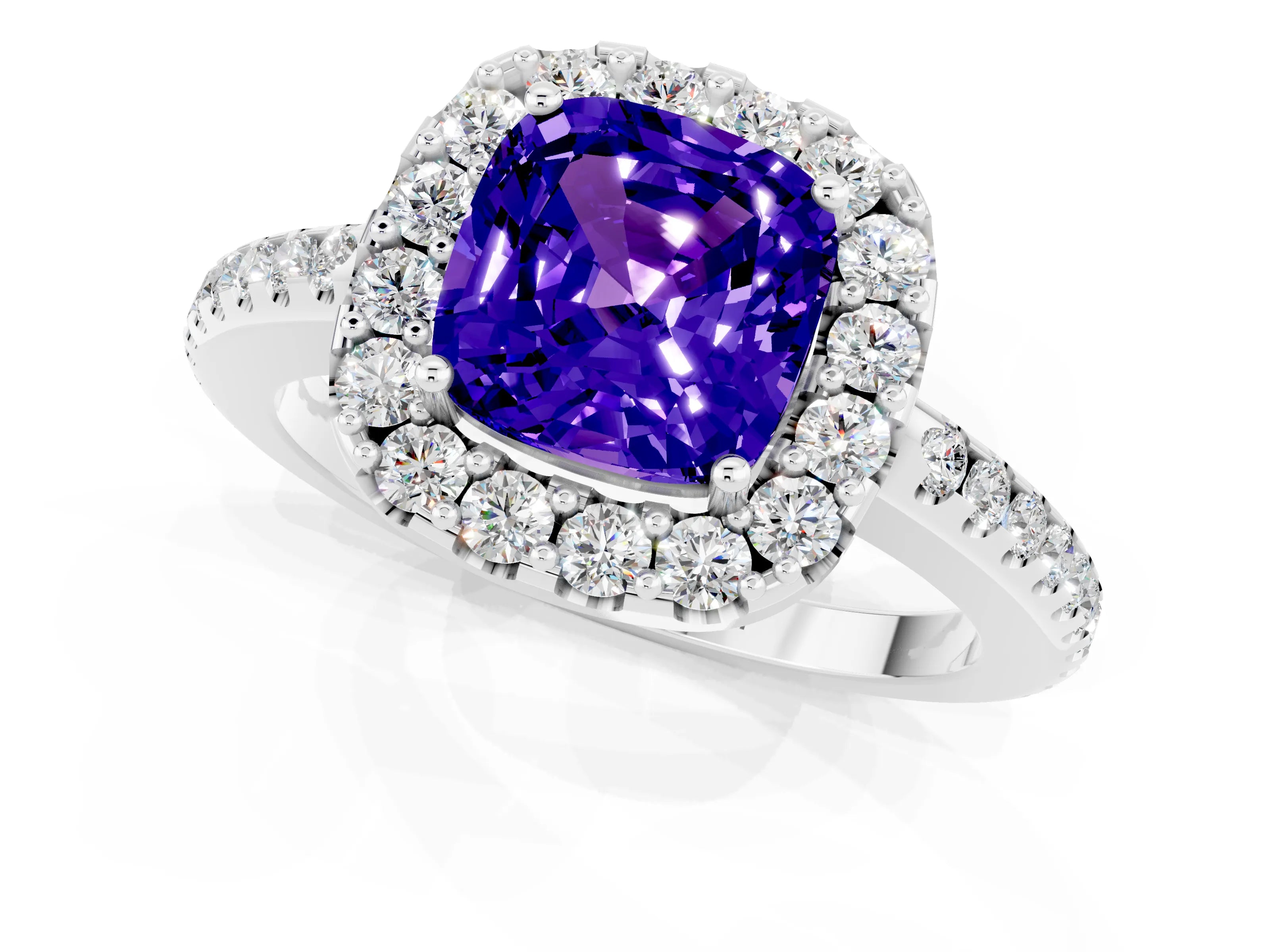 White gold Cushion Cut Tanzanite Pavé Halo Ring with Four-Prong Setting_13