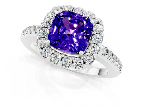 White gold Cushion Cut Tanzanite Pavé Halo Ring with Four-Prong Setting_13