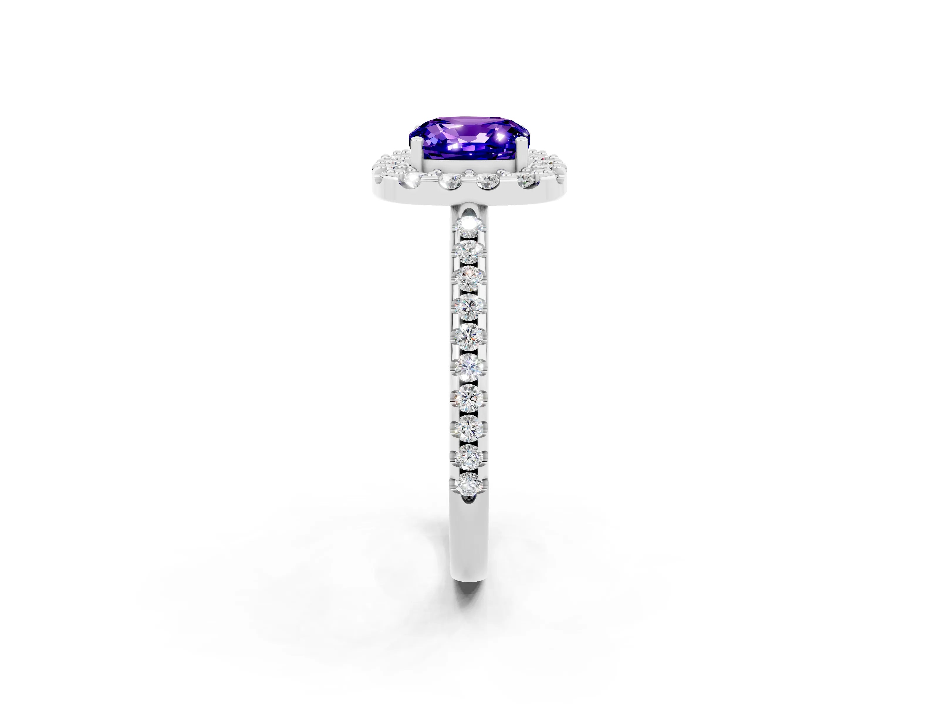 White gold Cushion Cut Tanzanite Pavé Halo Ring with Four-Prong Setting_14