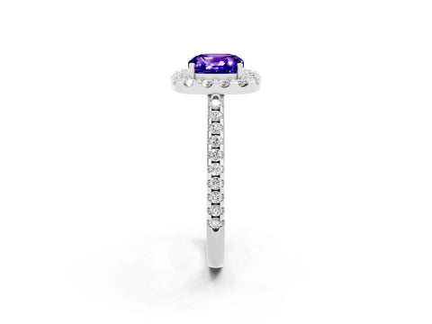 White gold Cushion Cut Tanzanite Pavé Halo Ring with Four-Prong Setting_14