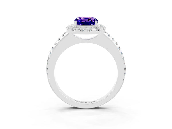 Platinum Cushion Cut Tanzanite Pavé Halo Ring with Four-Prong Setting