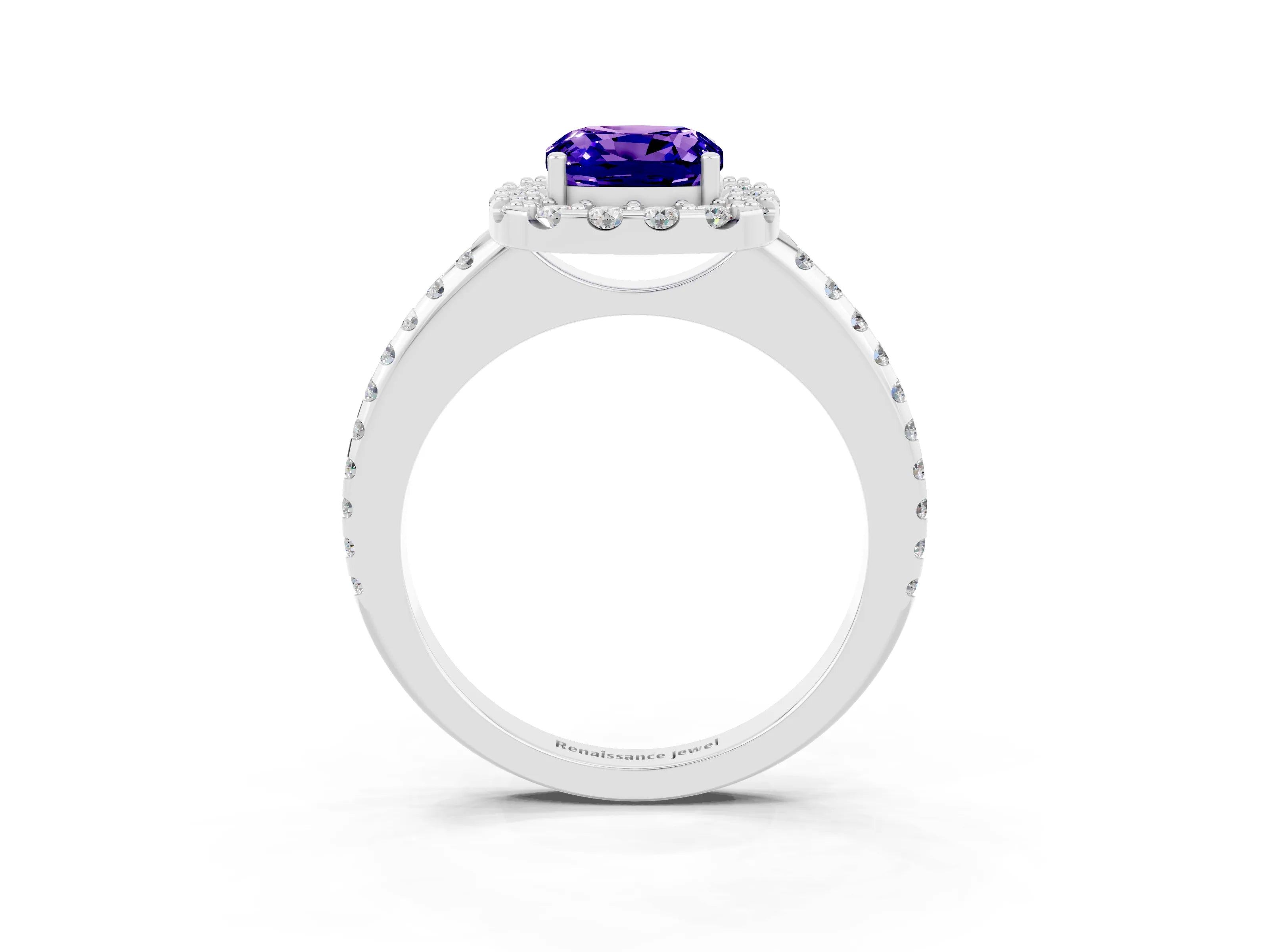 White gold Cushion Cut Tanzanite Pavé Halo Ring with Four-Prong Setting_15