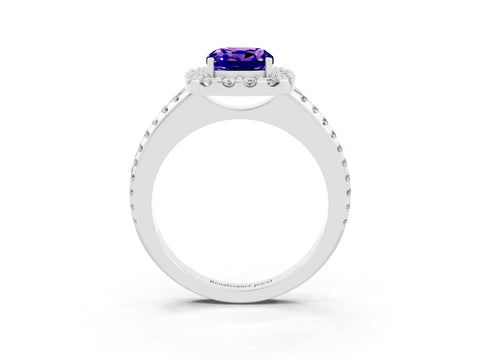 White gold Cushion Cut Tanzanite Pavé Halo Ring with Four-Prong Setting_15