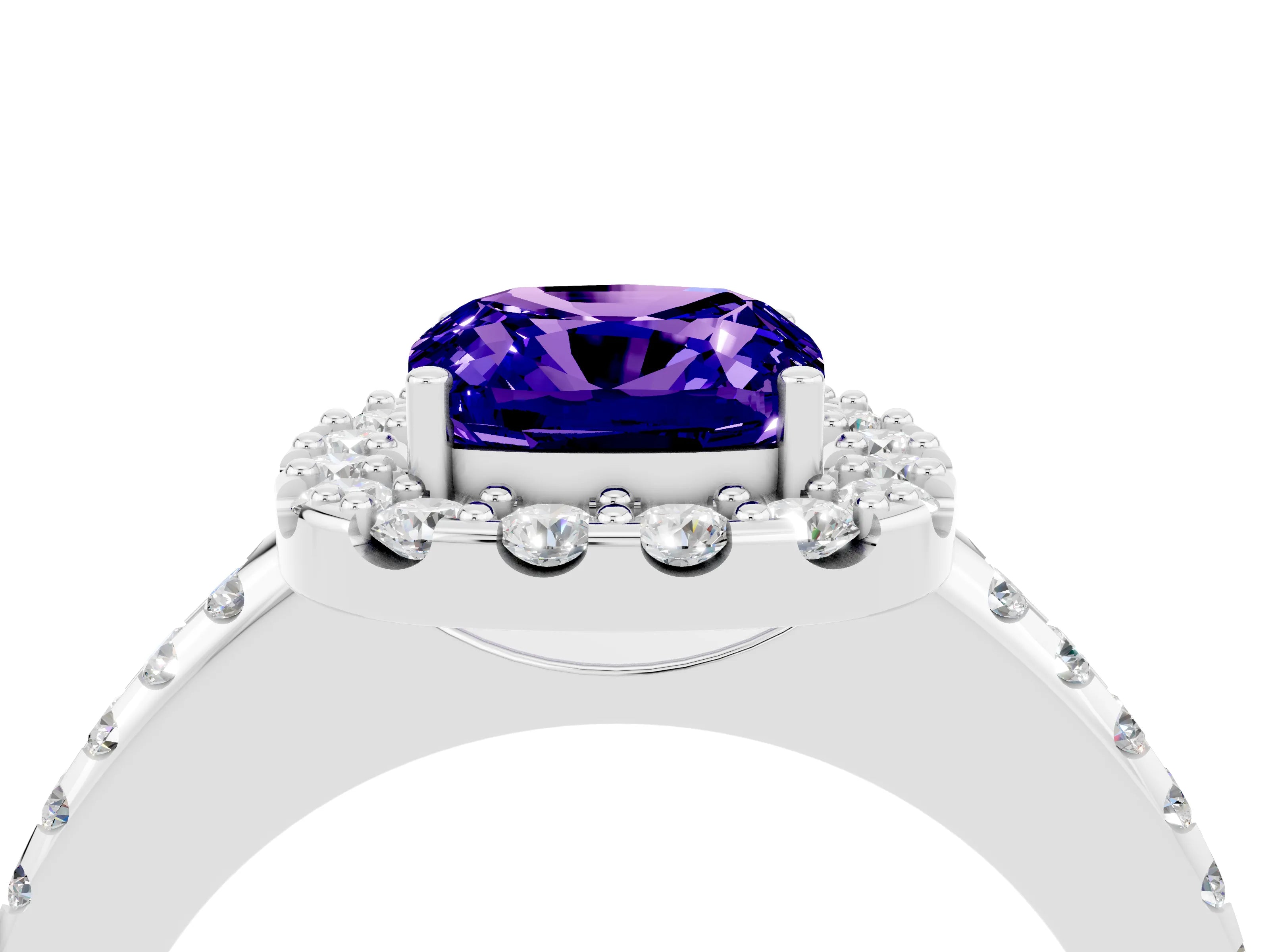 White gold Cushion Cut Tanzanite Pavé Halo Ring with Four-Prong Setting_16