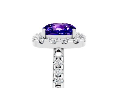 White gold Cushion Cut Tanzanite Pavé Halo Ring with Four-Prong Setting_17