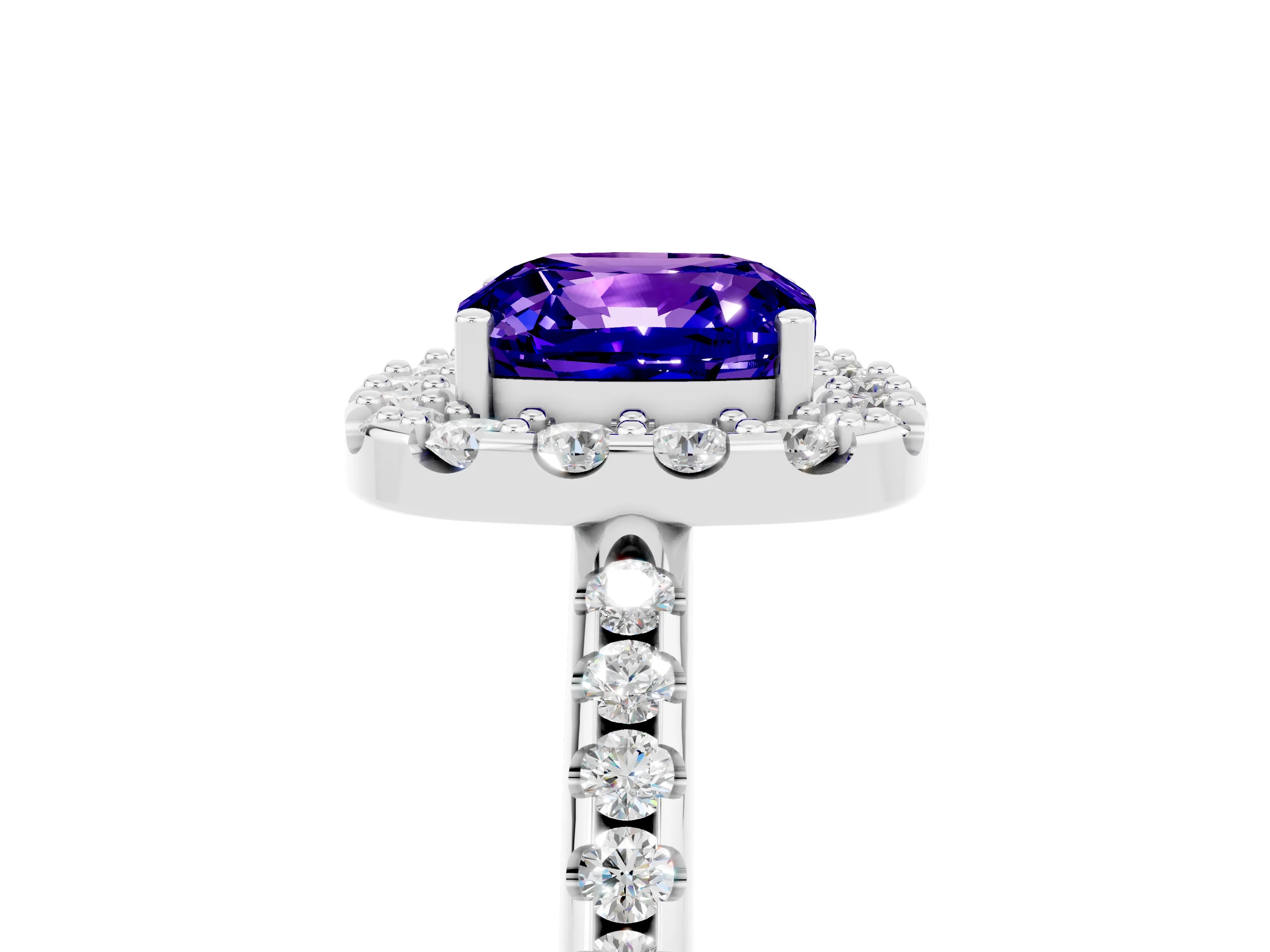 White gold Cushion Cut Tanzanite Pavé Halo Ring with Four-Prong Setting_17