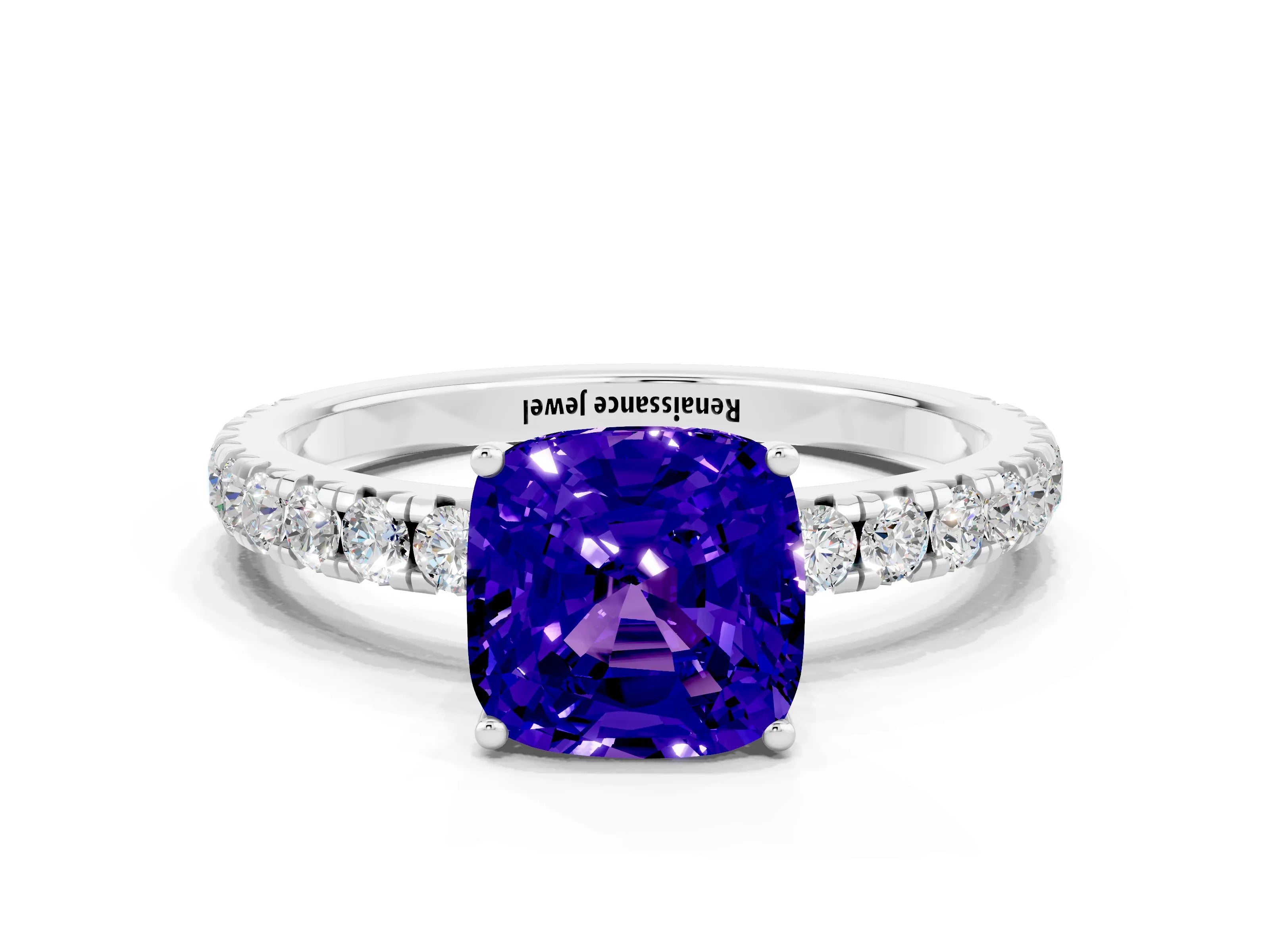 White gold Cushion Cut Tanzanite Pavé Solitaire Engagement Ring with Four-Prong Setting_12