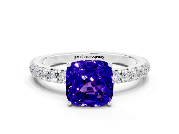 Platinum Cushion Cut Tanzanite Pavé Solitaire Engagement Ring with Four-Prong Setting