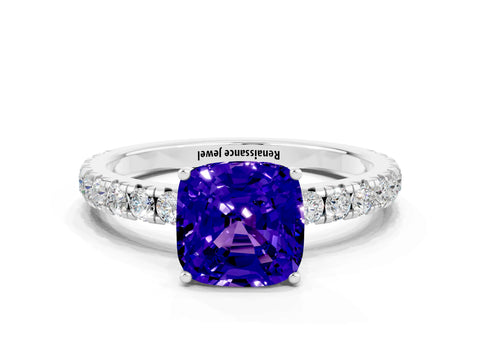 White gold Cushion Cut Tanzanite Pavé Solitaire Engagement Ring with Four-Prong Setting_12