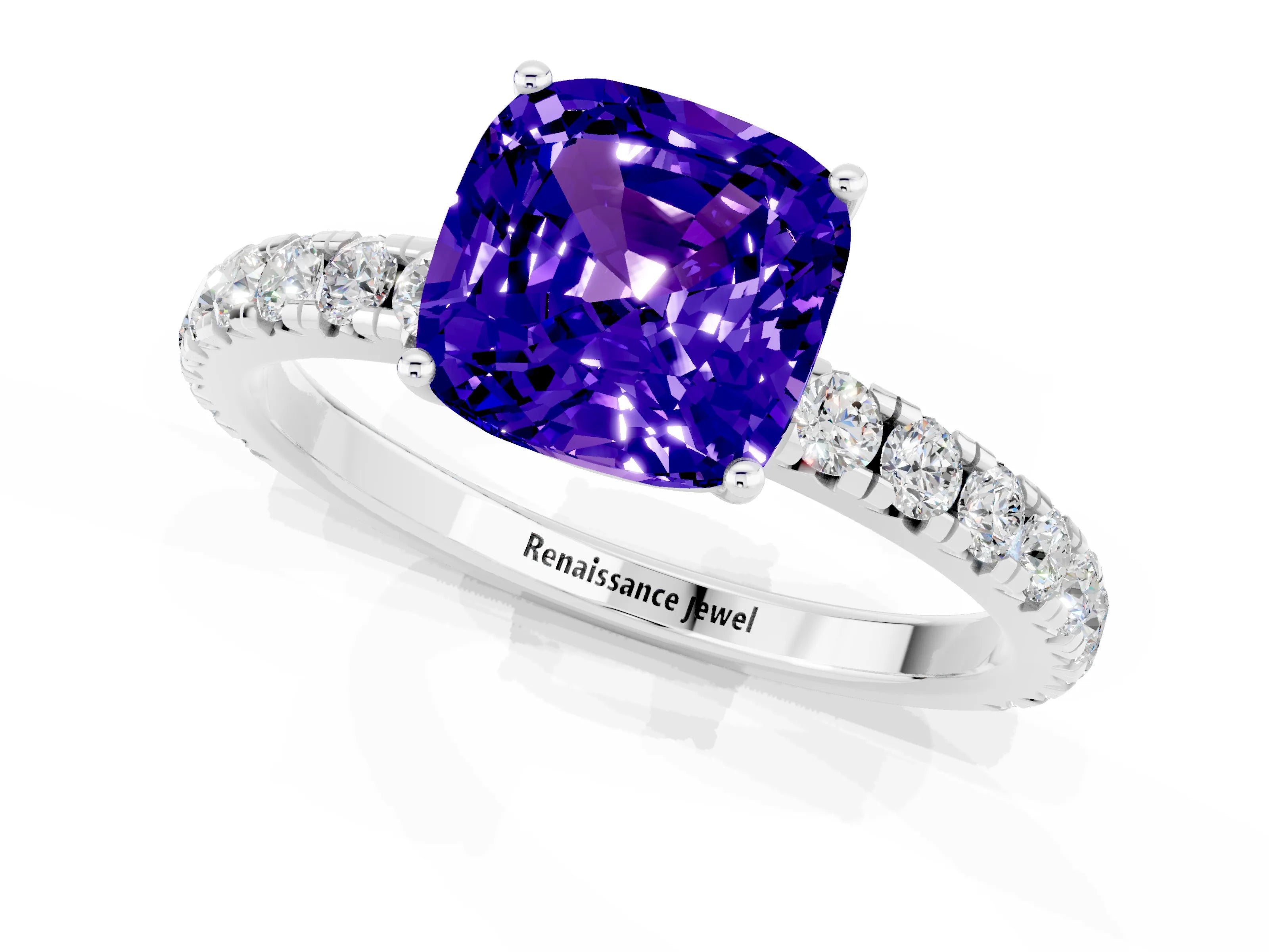 White gold Cushion Cut Tanzanite Pavé Solitaire Engagement Ring with Four-Prong Setting_13