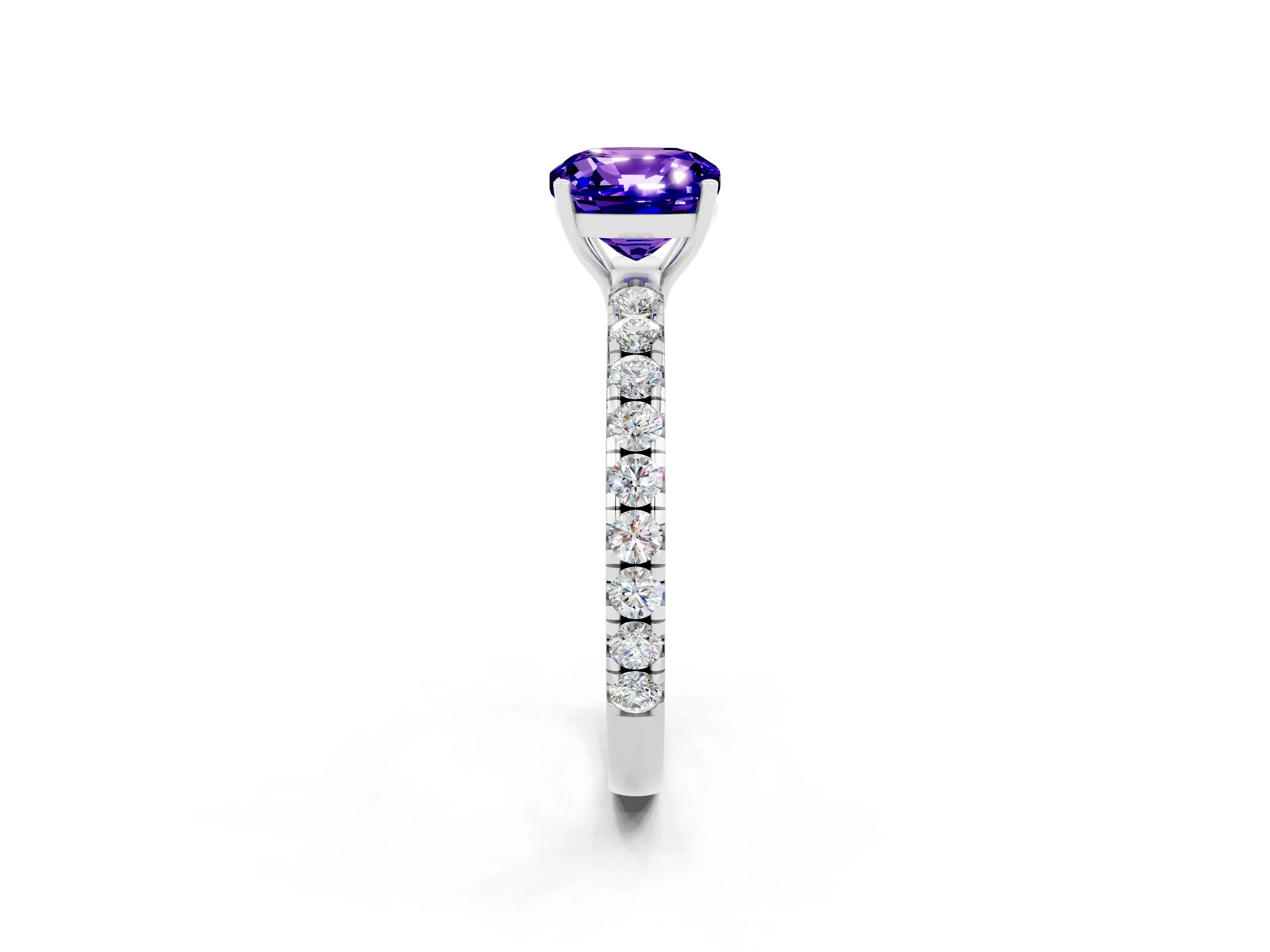 White gold Cushion Cut Tanzanite Pavé Solitaire Engagement Ring with Four-Prong Setting_14