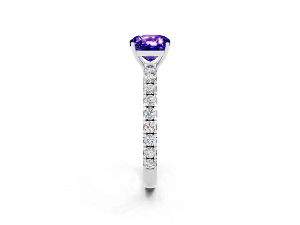 White gold Cushion Cut Tanzanite Pavé Solitaire Engagement Ring with Four-Prong Setting