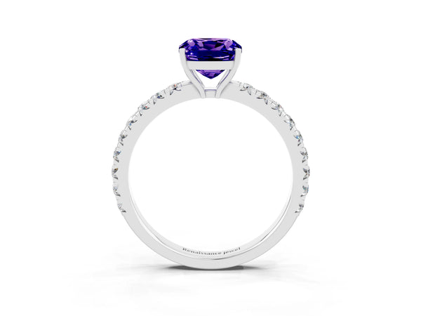 Silver Cushion Cut Tanzanite Pavé Solitaire Engagement Ring with Four-Prong Setting