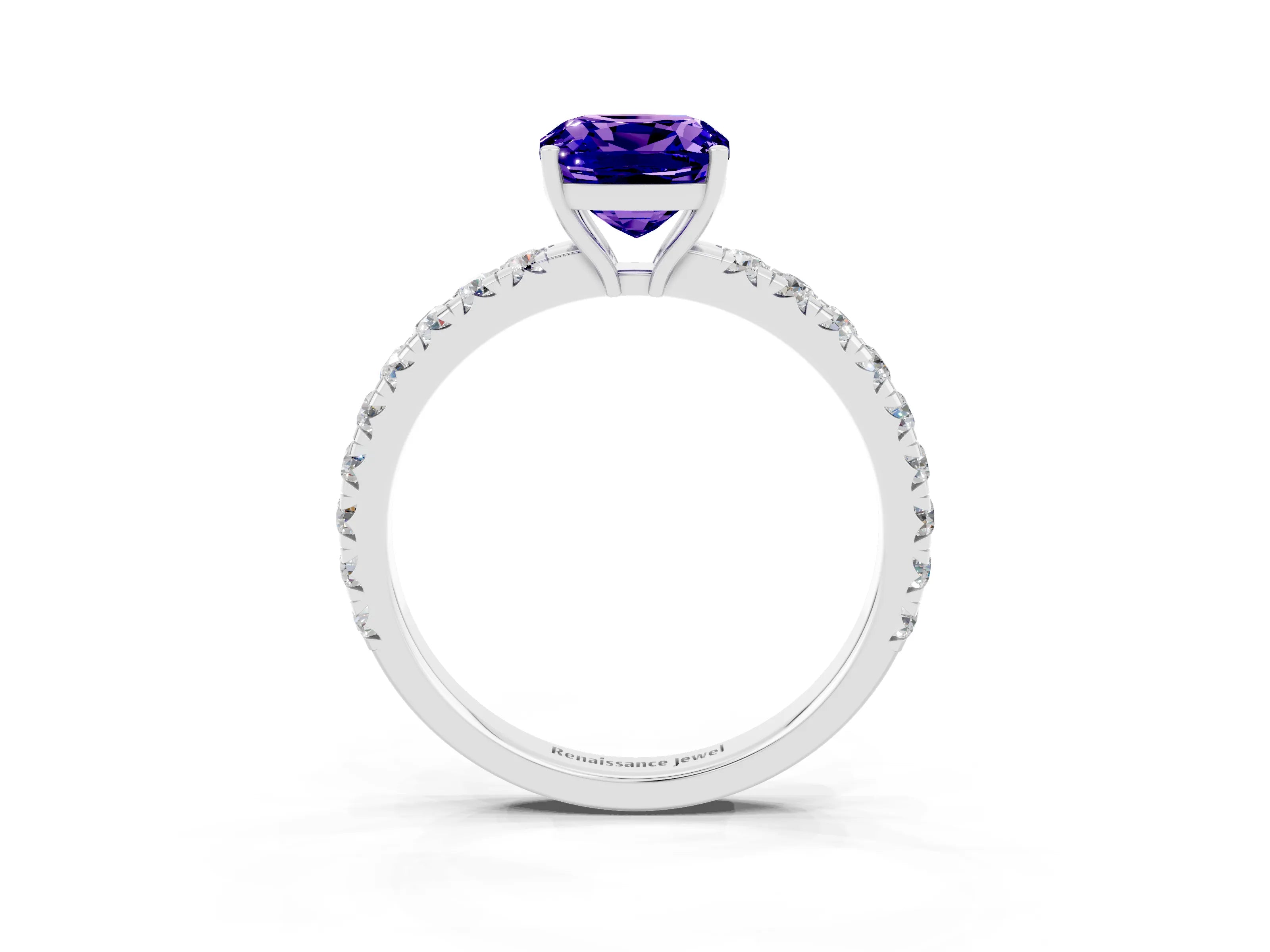 White gold Cushion Cut Tanzanite Pavé Solitaire Engagement Ring with Four-Prong Setting_15