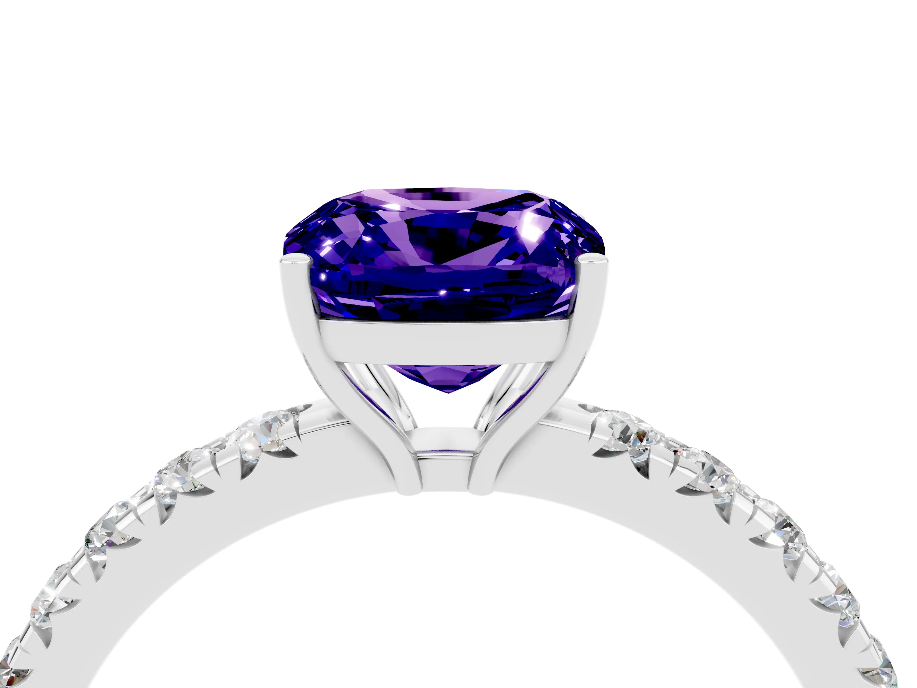 White gold Cushion Cut Tanzanite Pavé Solitaire Engagement Ring with Four-Prong Setting_16