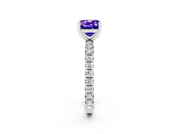 Platinum Cushion Cut Tanzanite Pavé Solitaire Ring with Round Band and Prong Setting