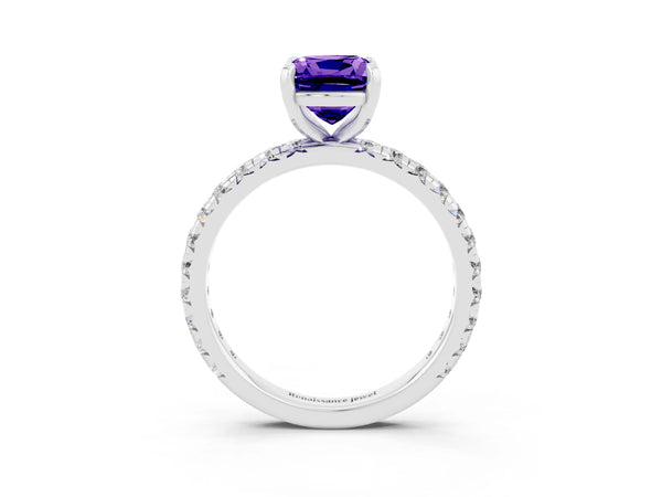 Platinum Cushion Cut Tanzanite Pavé Solitaire Ring with Round Band and Prong Setting