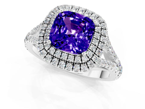 White gold Cushion Cut Tanzanite Pavé Split Shank Double Halo Engagement Ring_1