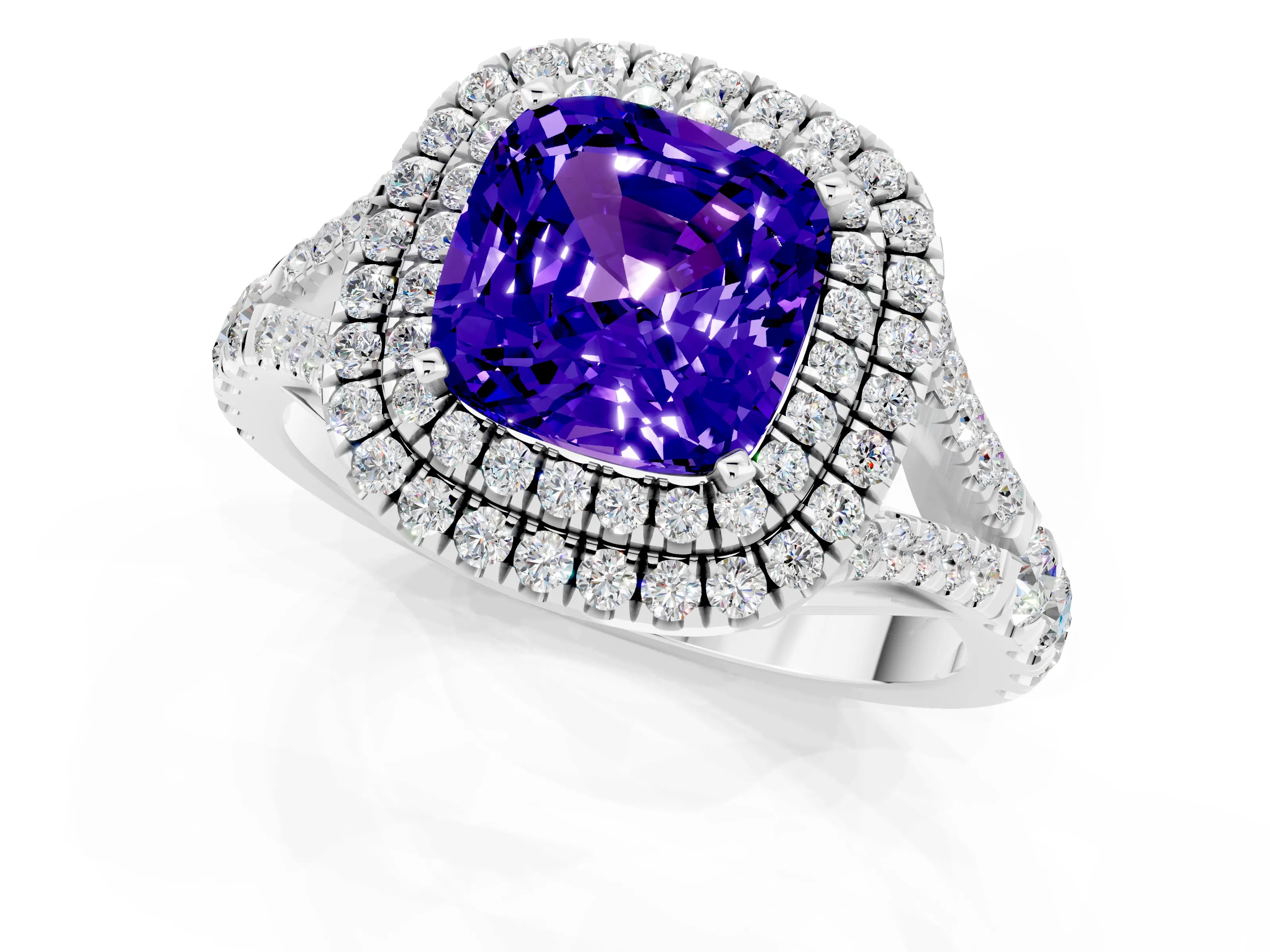 White gold Cushion Cut Tanzanite Pavé Split Shank Double Halo Engagement Ring_1