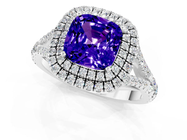 White gold Cushion Cut Tanzanite Pavé Split Shank Double Halo Engagement Ring