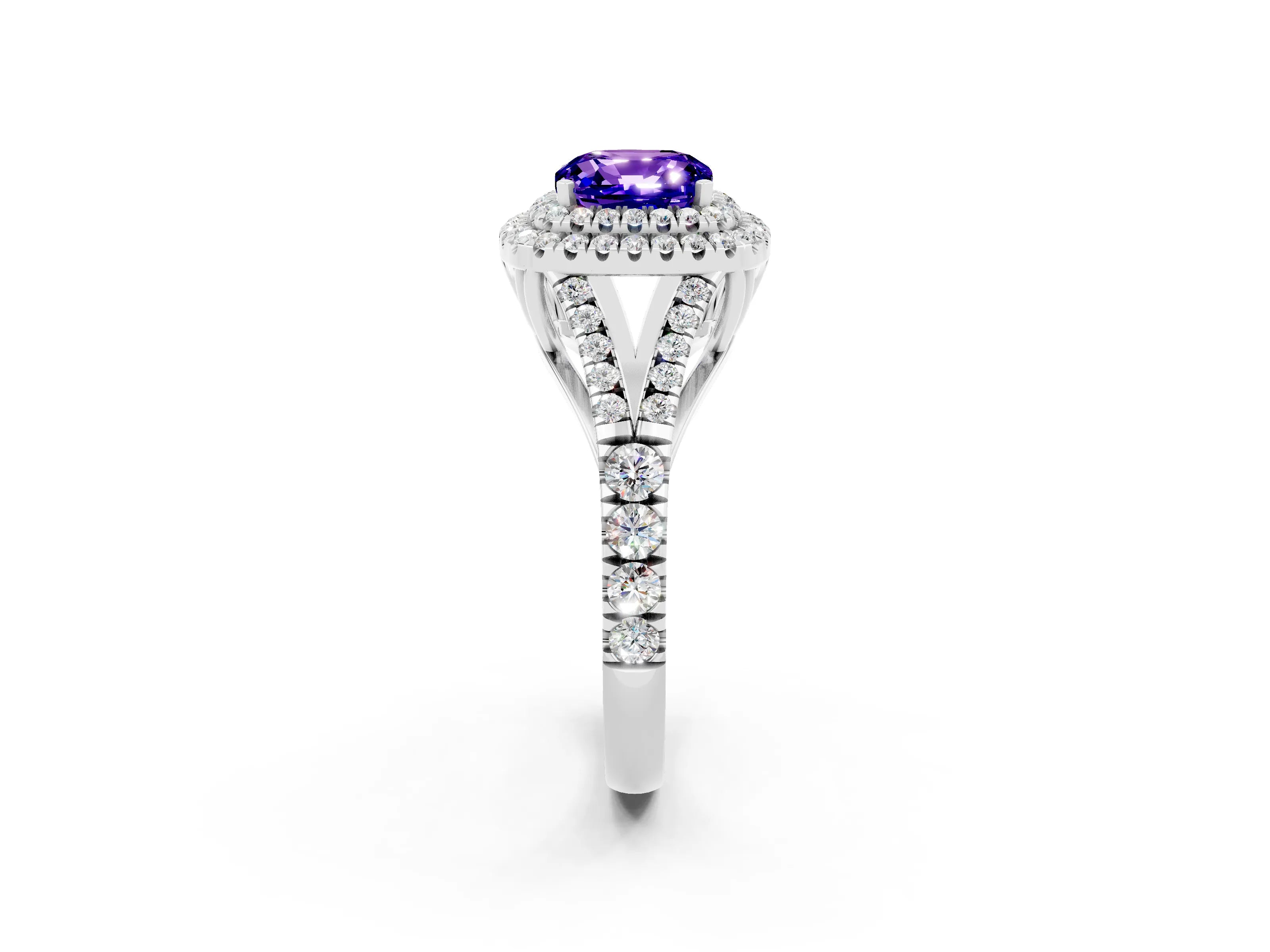 White gold Cushion Cut Tanzanite Pavé Split Shank Double Halo Engagement Ring_2