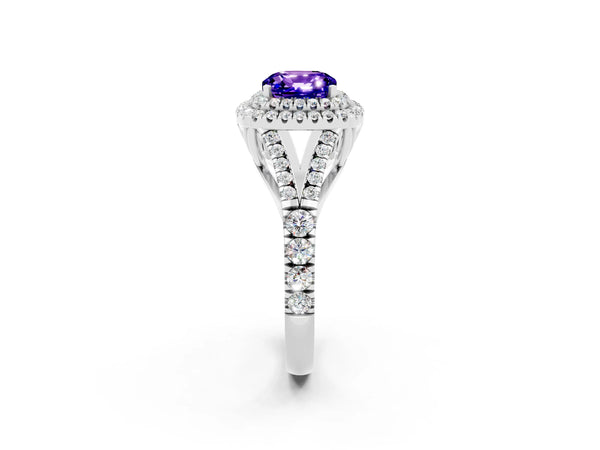 Platinum Cushion Cut Tanzanite Pavé Split Shank Double Halo Engagement Ring