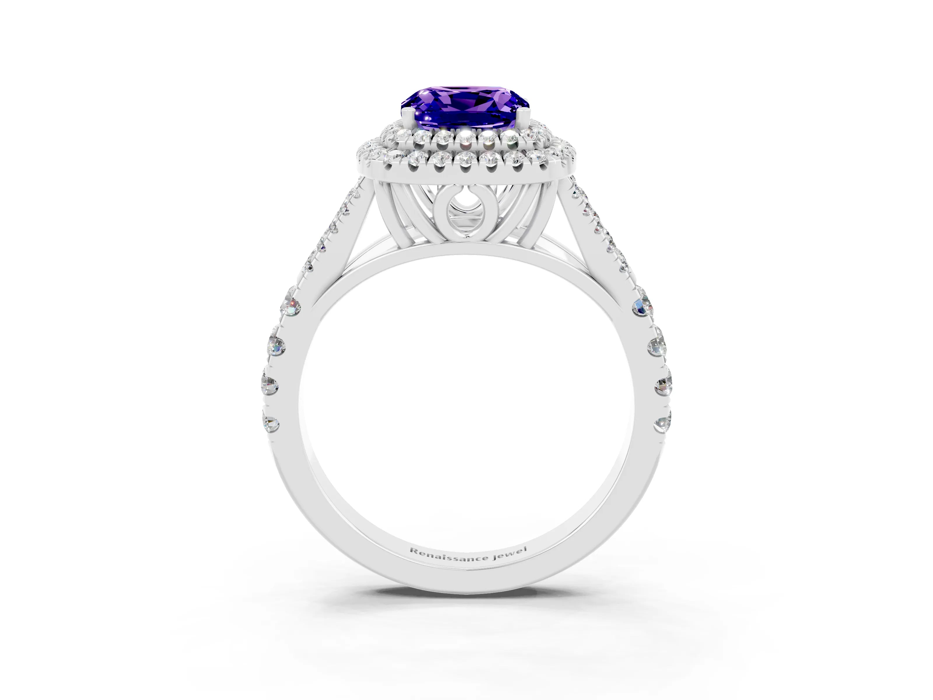 White gold Cushion Cut Tanzanite Pavé Split Shank Double Halo Engagement Ring_3