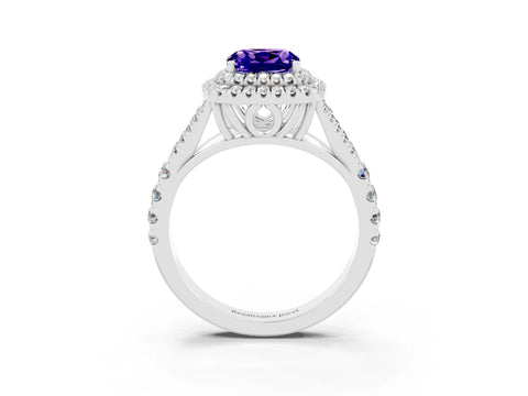 White gold Cushion Cut Tanzanite Pavé Split Shank Double Halo Engagement Ring_3