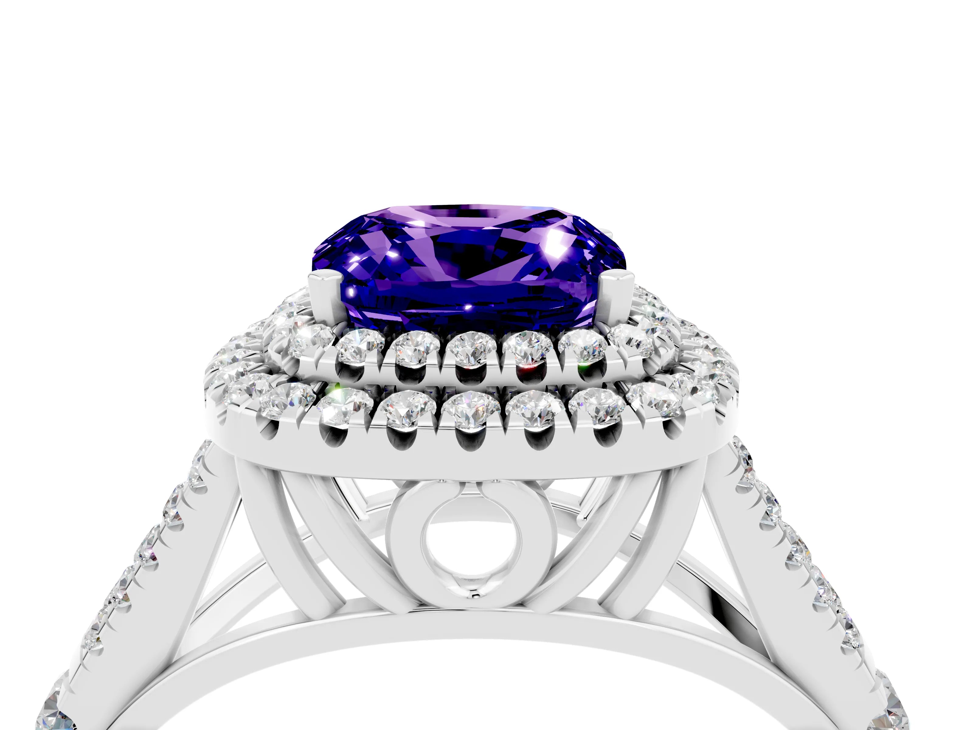White gold Cushion Cut Tanzanite Pavé Split Shank Double Halo Engagement Ring_4