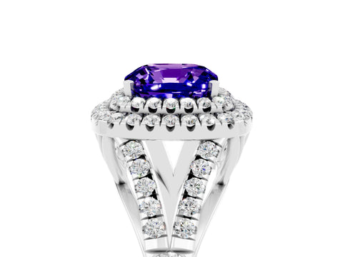 White gold Cushion Cut Tanzanite Pavé Split Shank Double Halo Engagement Ring_5